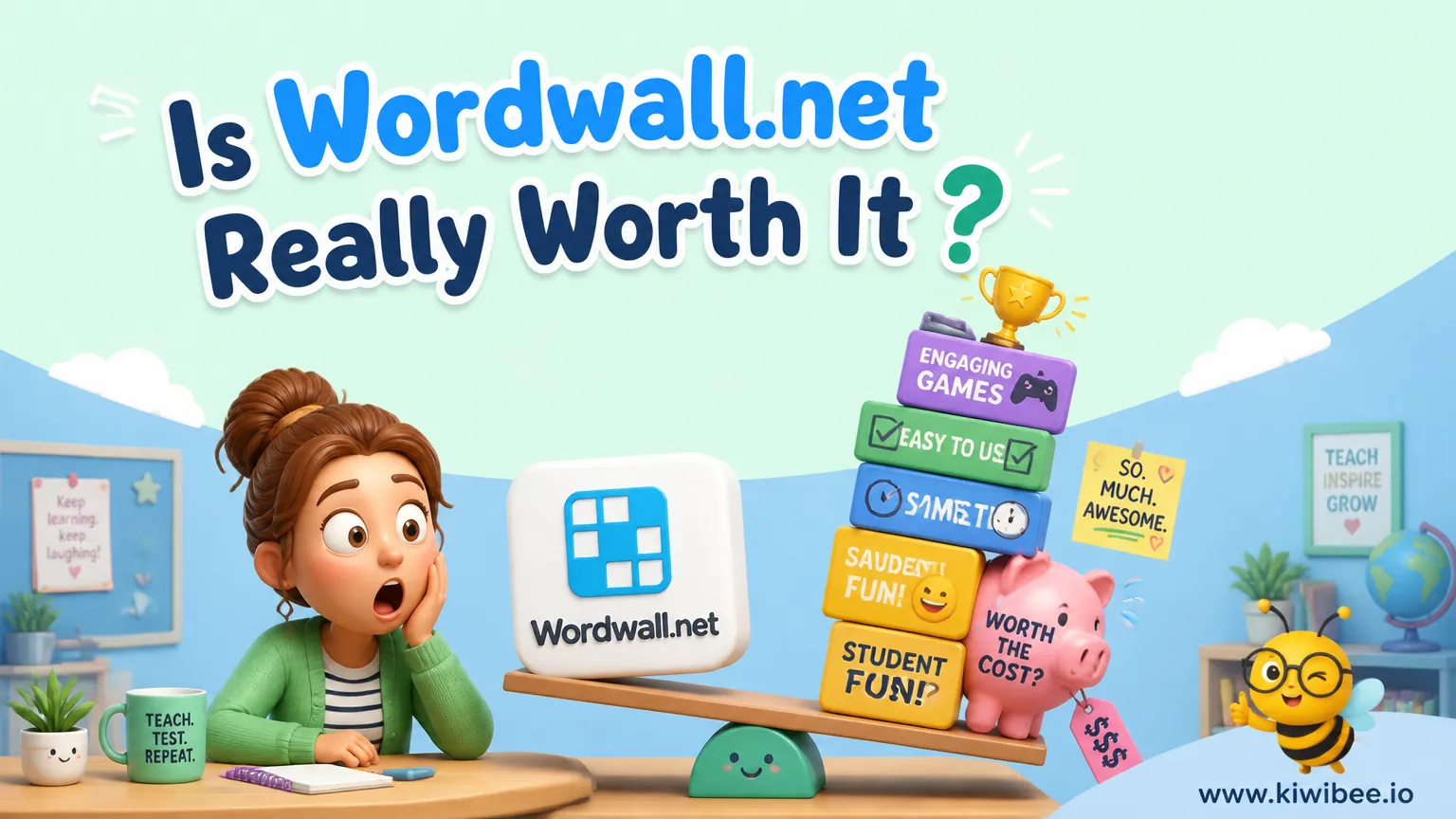 Playful header illustration for the article "Is Wordwall.net Really Worth It?", in KiwiBee's friendly cartoon style with a small bee mascot in the corner.