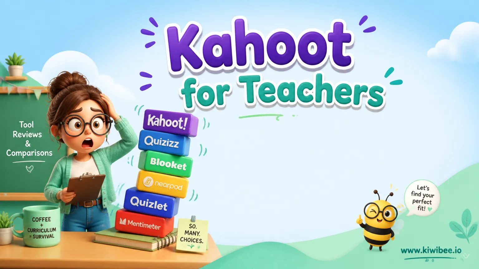 Playful header illustration for the article "Kahoot for Teachers: Honest Review + Alternatives (2026)", in KiwiBee's friendly cartoon style with a small bee mascot in the corner.