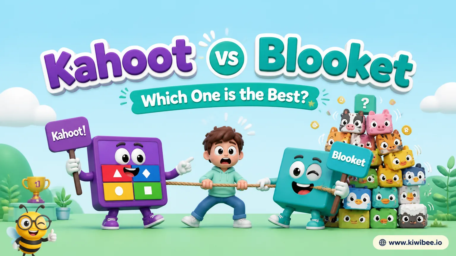 Playful header illustration for the article "Kahoot vs Blooket: Which One is the Best?", in KiwiBee's friendly cartoon style with a small bee mascot in the corner.