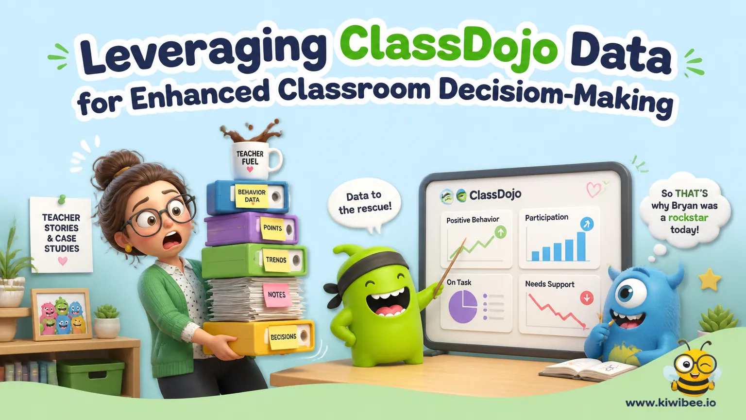 Playful header illustration for the article "Leveraging ClassDojo Data for Enhanced Classroom Decision-Making", in KiwiBee's friendly cartoon style with a small bee mascot in the corner.