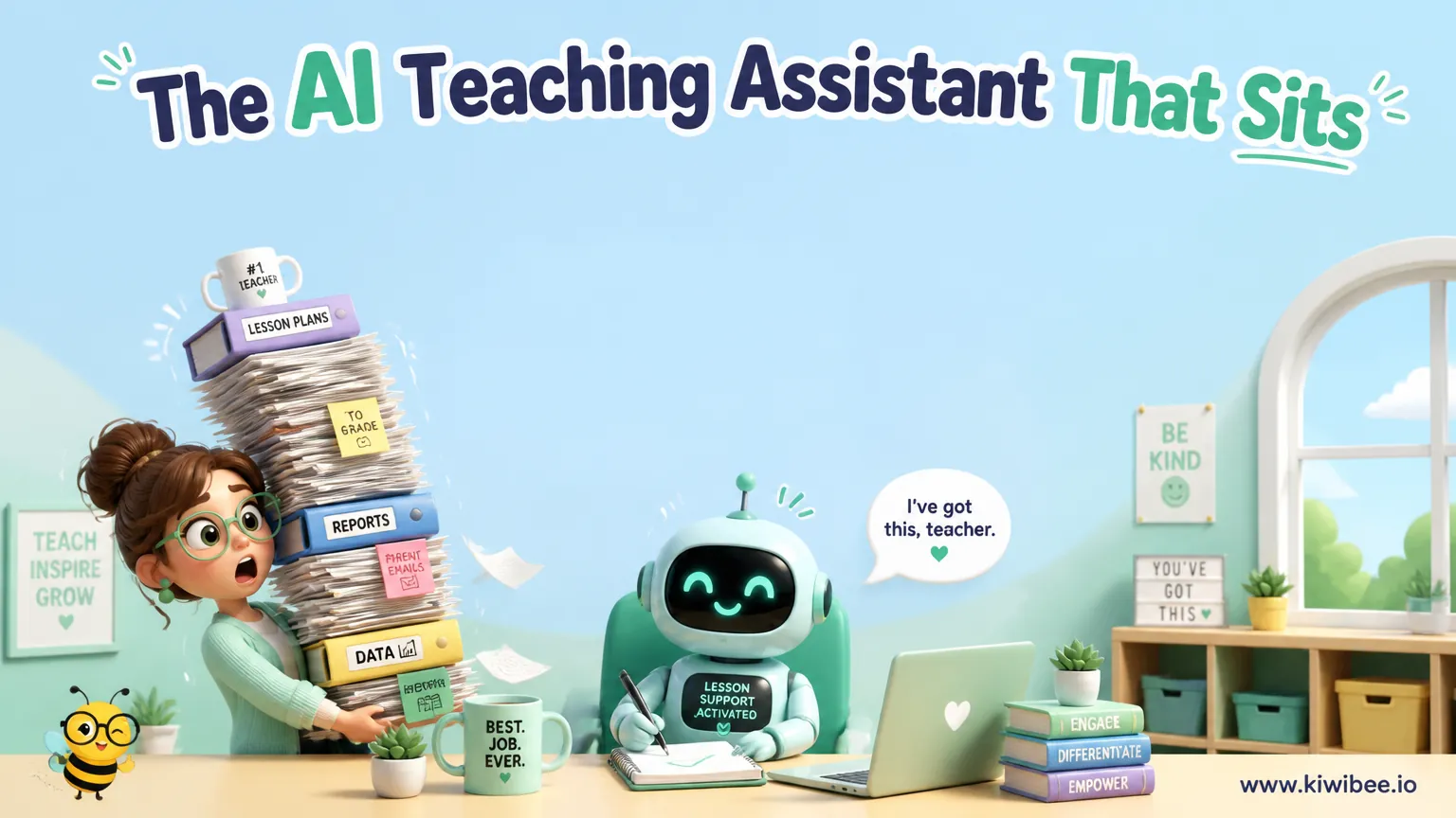 Playful header illustration for the article "The AI Teaching Assistant That Sits in Every Lesson", in KiwiBee's friendly cartoon style with a small bee mascot in the corner.