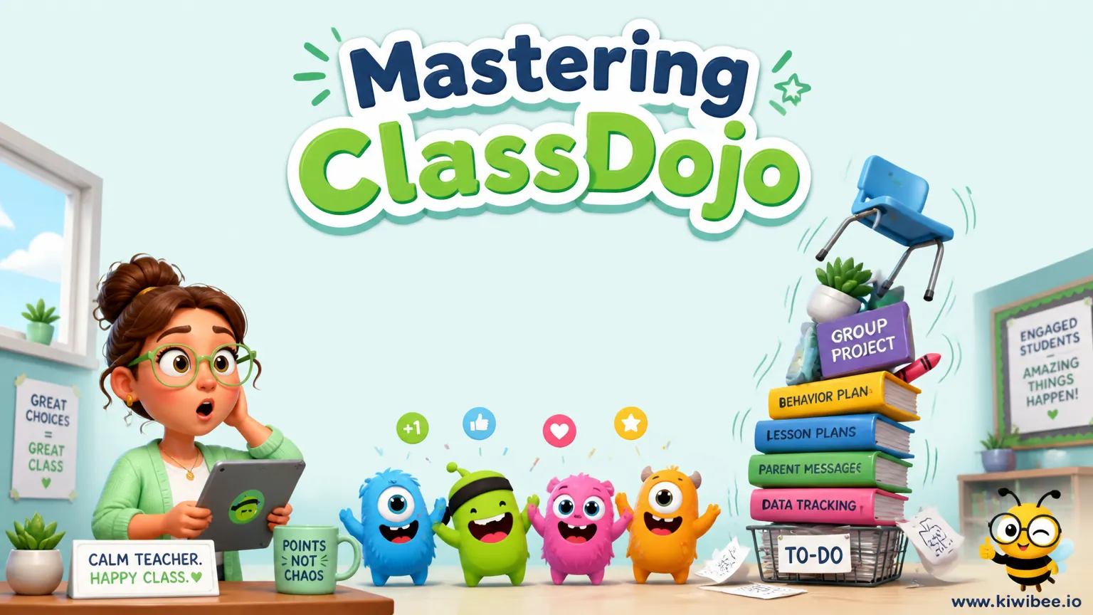 Playful header illustration for the article "Mastering ClassDojo: Smart Strategies for Engagement and Classroom Management", in KiwiBee's friendly cartoon style with a small bee mascot in the corner.