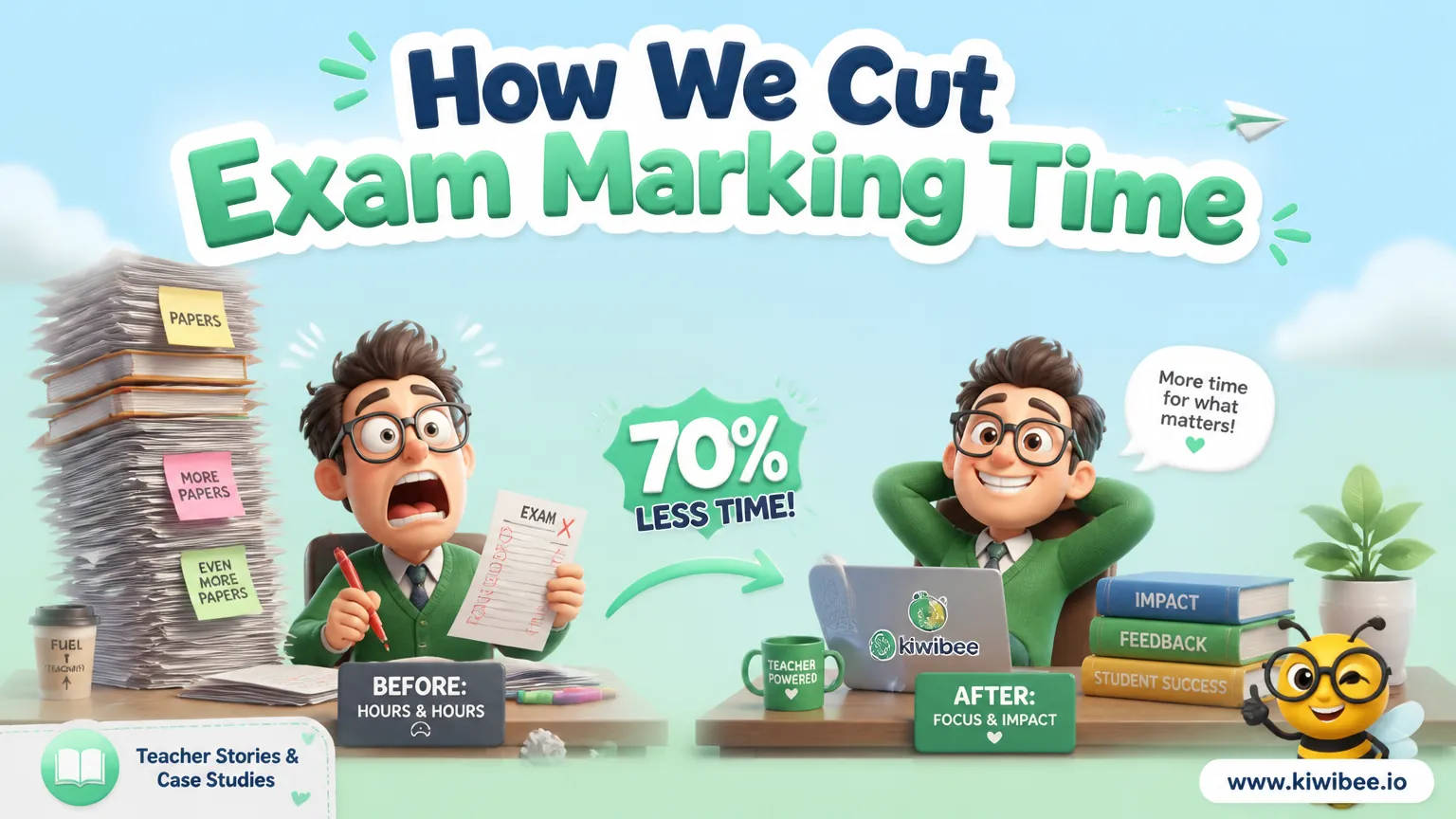 Playful header illustration for the article "How We Cut Exam Marking Time by 70% Without Sacrificing Quality", in KiwiBee's friendly cartoon style with a small bee mascot in the corner.