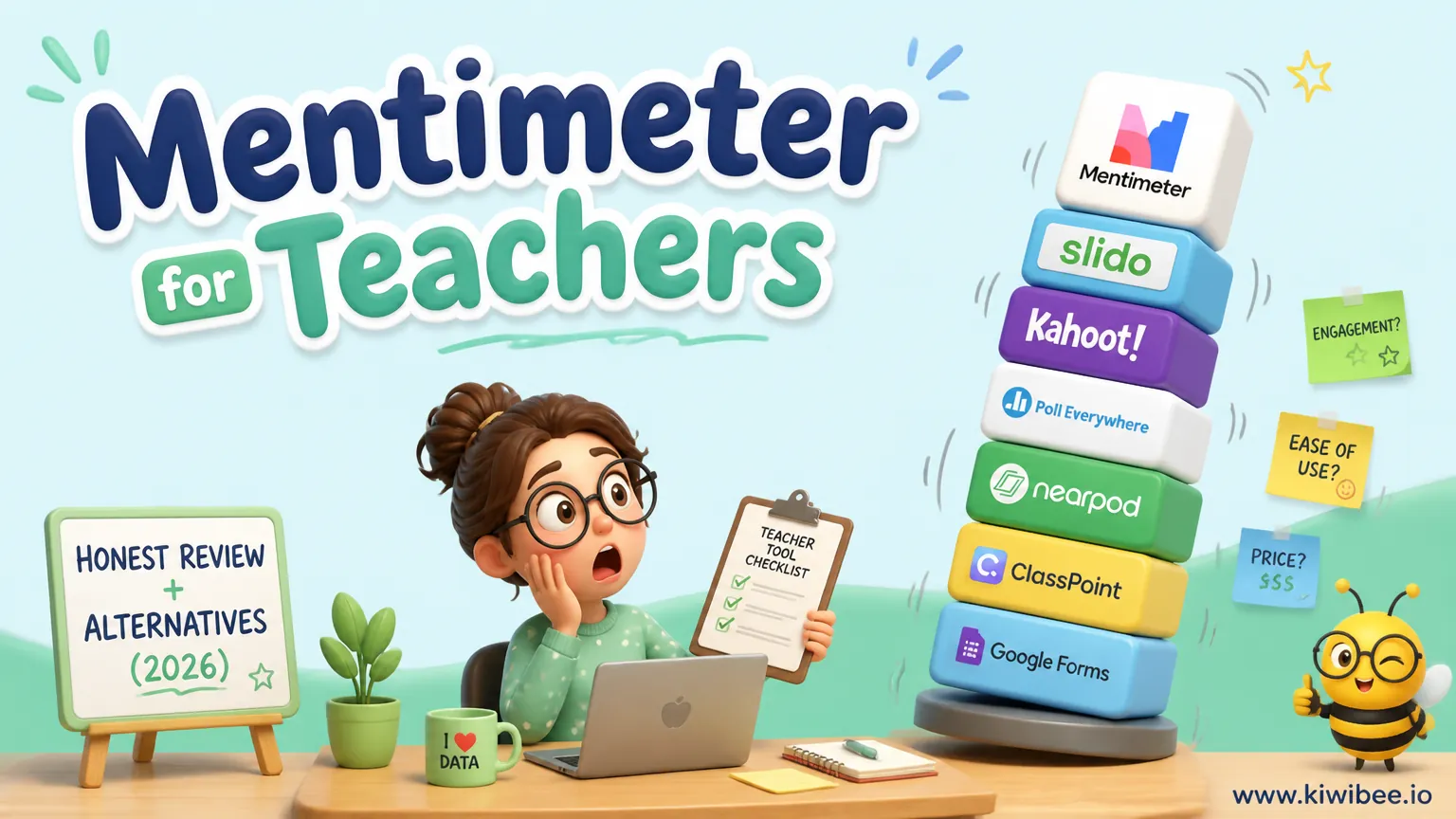 Playful header illustration for the article "Mentimeter for Teachers: Honest Review + Alternatives (2026)", in KiwiBee's friendly cartoon style with a small bee mascot in the corner.