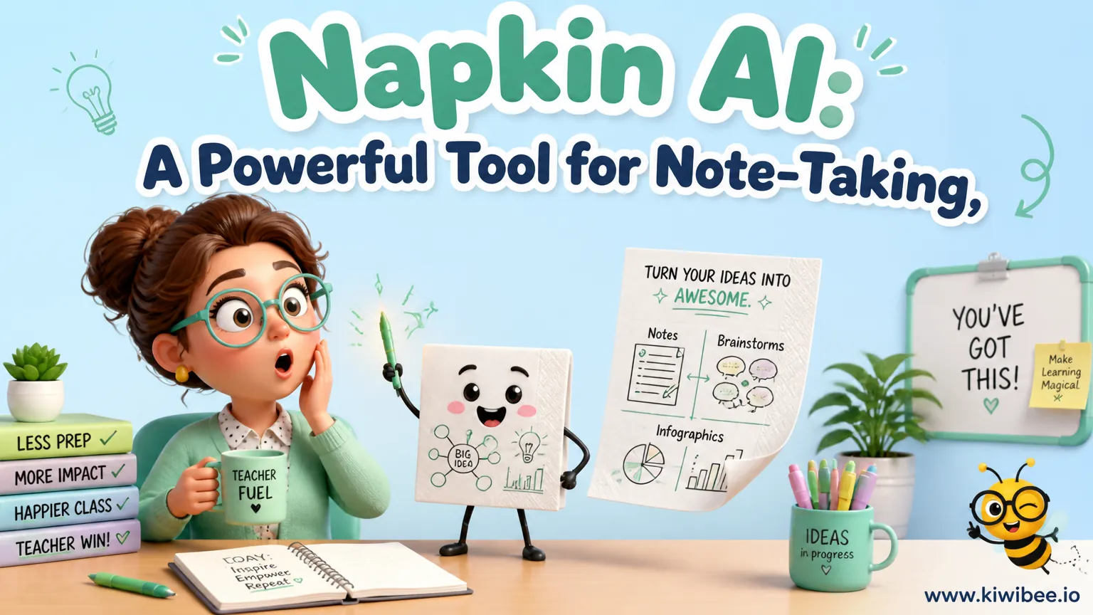 Playful header illustration for the article "Napkin AI: A Powerful Tool for Note-Taking, Brainstorming, and Infographics", in KiwiBee's friendly cartoon style with a small bee mascot in the corner.