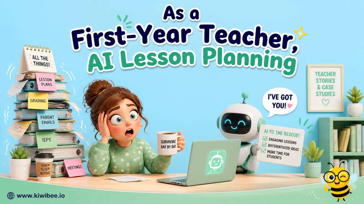 Playful header illustration for the article "As a First-Year Teacher, AI Lesson Planning Saved My Career", in KiwiBee's friendly cartoon style with a small bee mascot in the corner.