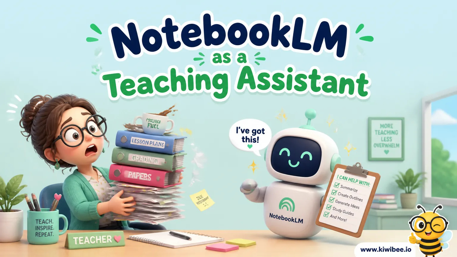 Playful header illustration for the article "NotebookLM as a Teaching Assistant: A Comprehensive Guide", in KiwiBee's friendly cartoon style with a small bee mascot in the corner.