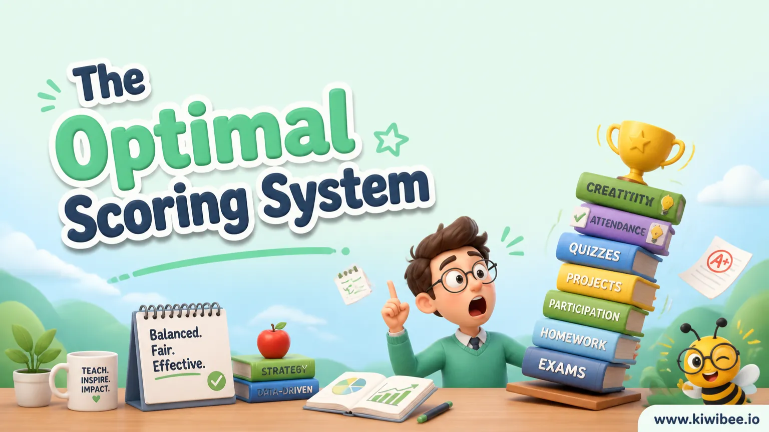 Playful header illustration for the article "The Optimal Scoring System: A Comprehensive Analysis", in KiwiBee's friendly cartoon style with a small bee mascot in the corner.