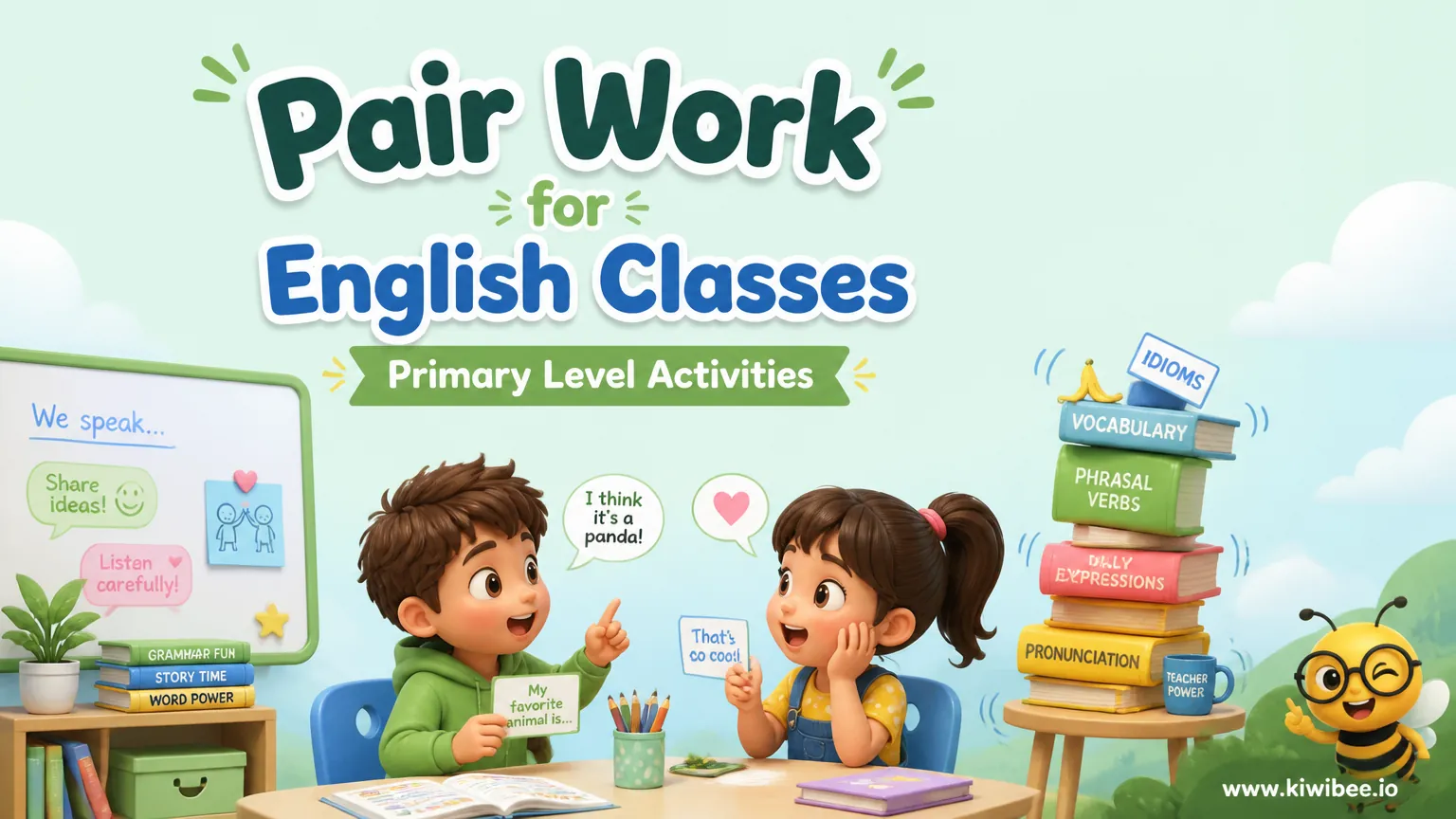 Playful header illustration for the article "Pair Work for English Classes: Primary Level Activities", in KiwiBee's friendly cartoon style with a small bee mascot in the corner.