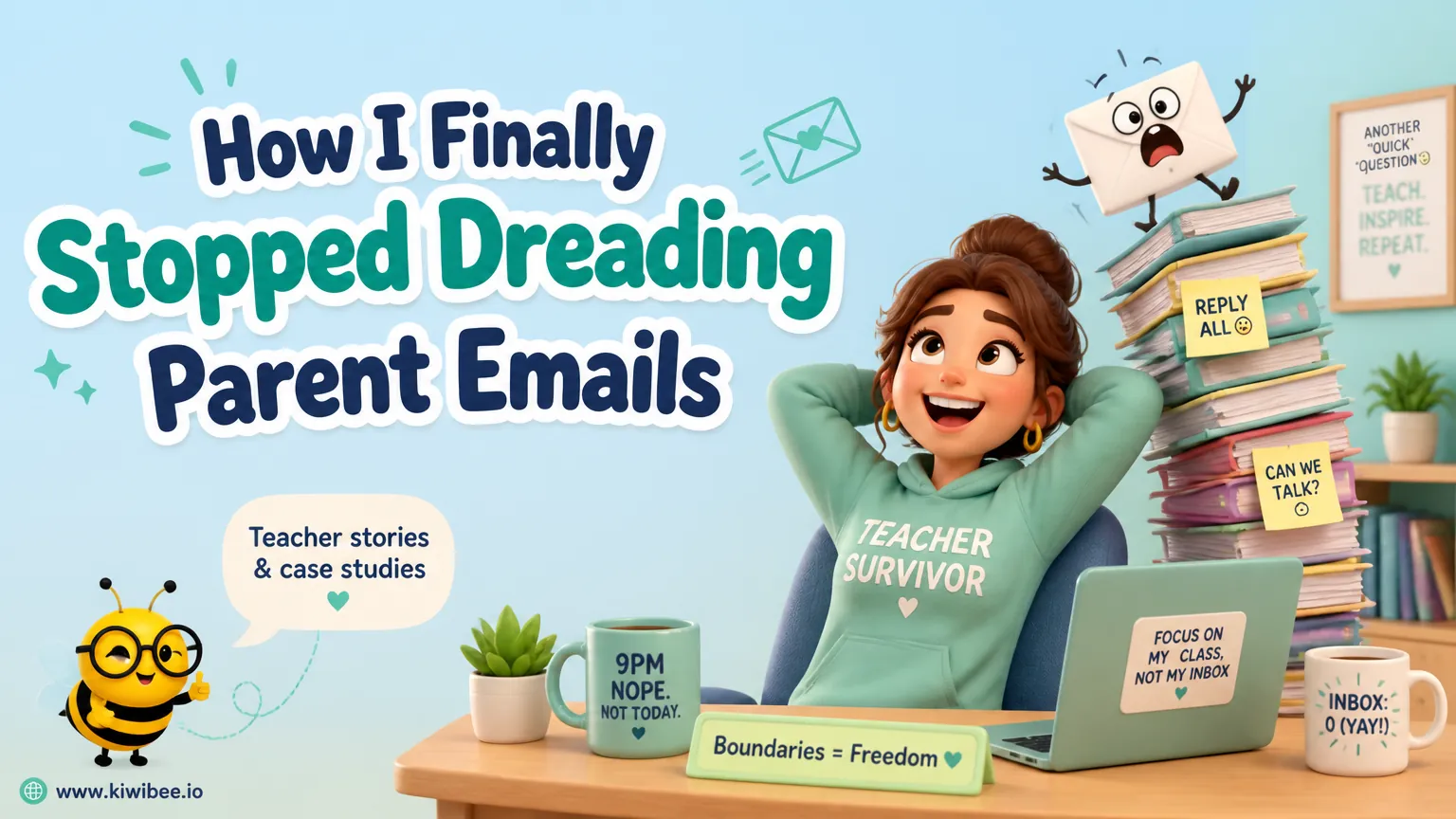 Playful header illustration for the article "How I Finally Stopped Dreading Parent Emails at 9 PM", in KiwiBee's friendly cartoon style with a small bee mascot in the corner.