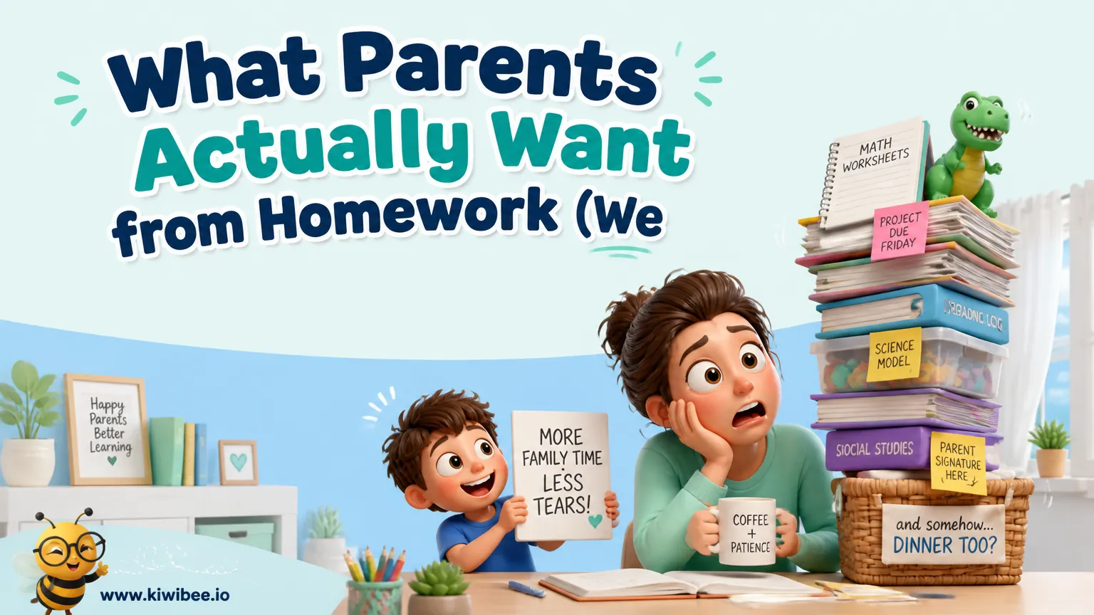 Playful header illustration for the article "What Parents Actually Want from Homework (We Surveyed 500 Families)", in KiwiBee's friendly cartoon style with a small bee mascot in the corner.