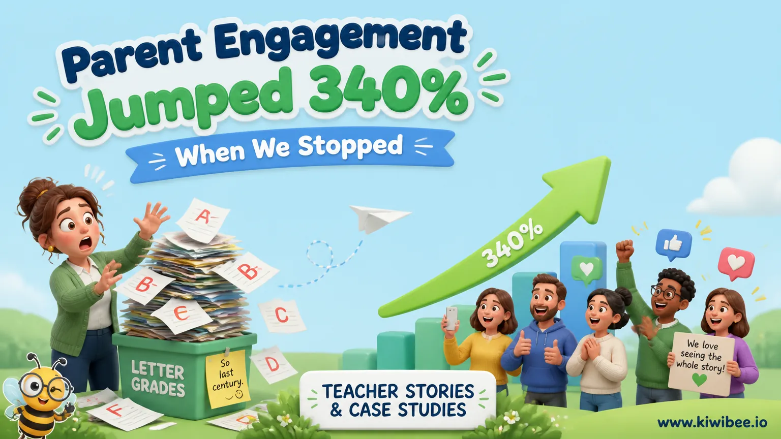 Playful header illustration for the article "Parent Engagement Jumped 340% When We Stopped Sending Letter Grades", in KiwiBee's friendly cartoon style with a small bee mascot in the corner.