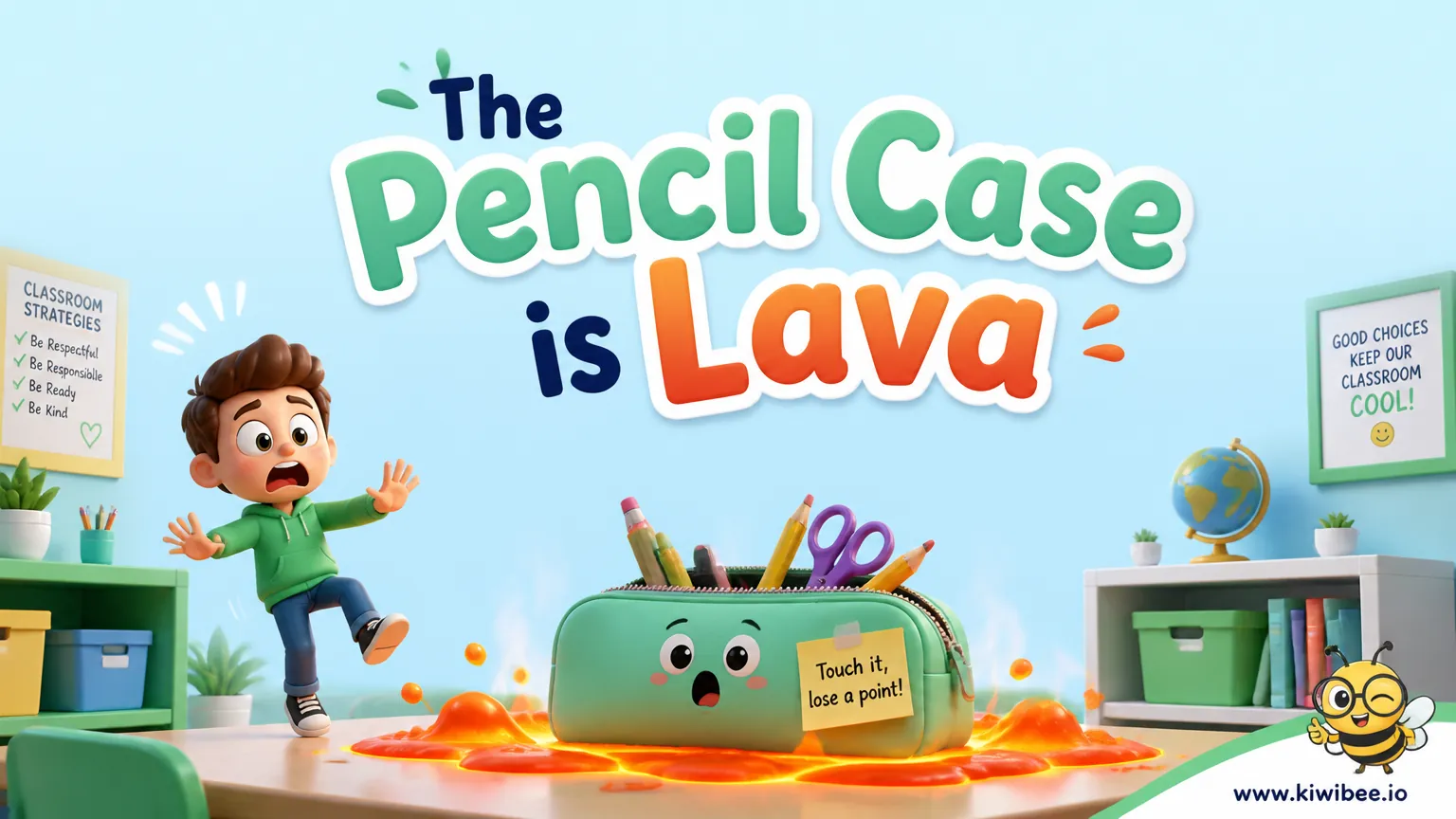 Playful header illustration for the article "The Pencil Case is Lava: A Classroom Management Technique", in KiwiBee's friendly cartoon style with a small bee mascot in the corner.