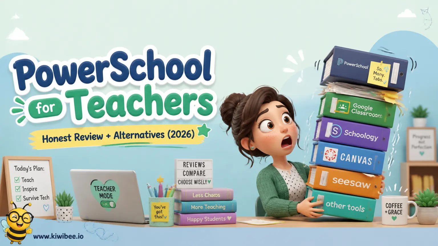 Playful header illustration for the article "PowerSchool for Teachers: Honest Review + Alternatives (2026)", in KiwiBee's friendly cartoon style with a small bee mascot in the corner.