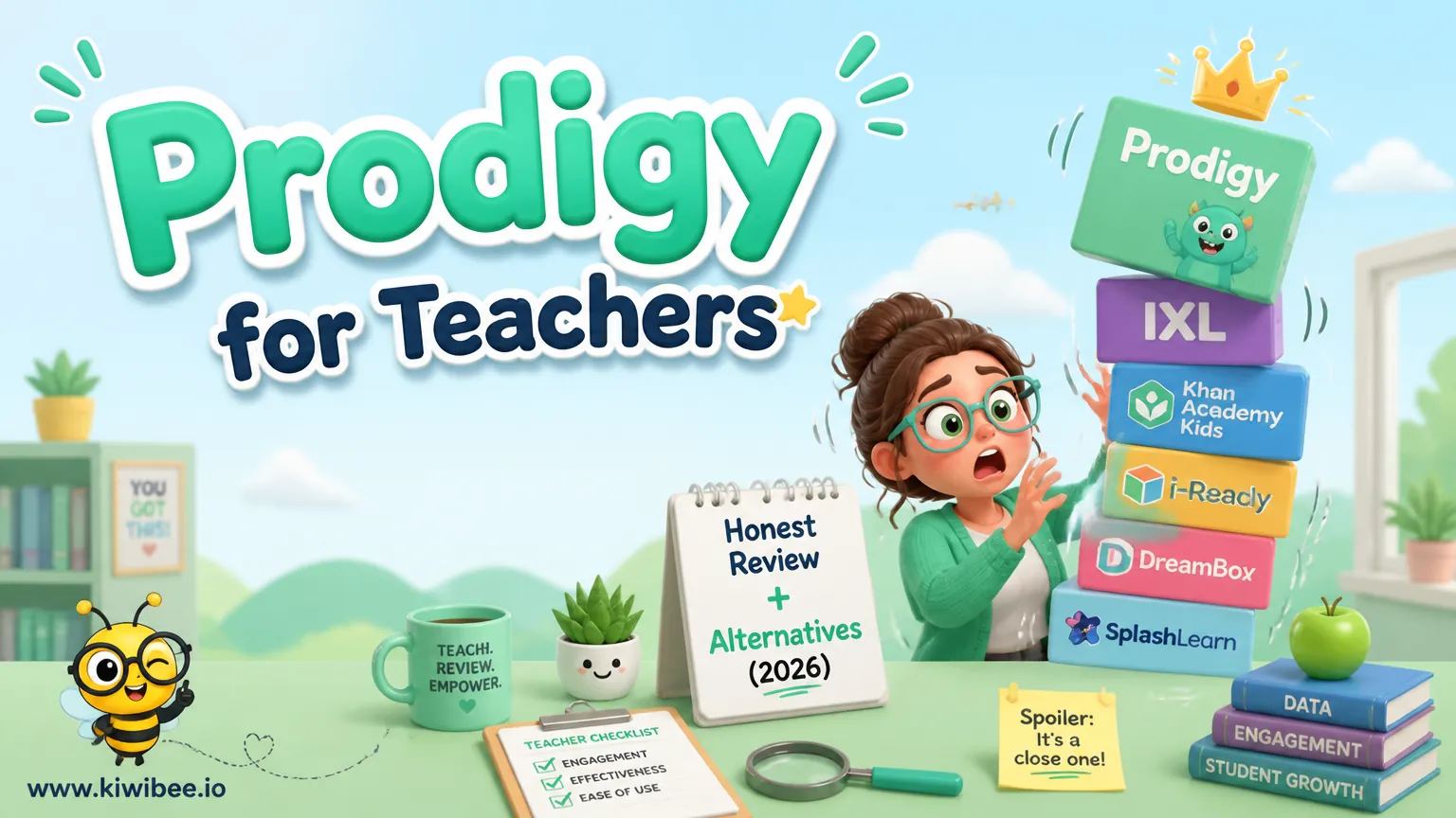 Playful header illustration for the article "Prodigy for Teachers: Honest Review + Alternatives (2026)", in KiwiBee's friendly cartoon style with a small bee mascot in the corner.
