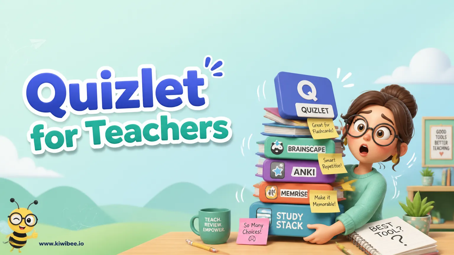 Playful header illustration for the article "Quizlet for Teachers: Honest Review + Alternatives (2026)", in KiwiBee's friendly cartoon style with a small bee mascot in the corner.