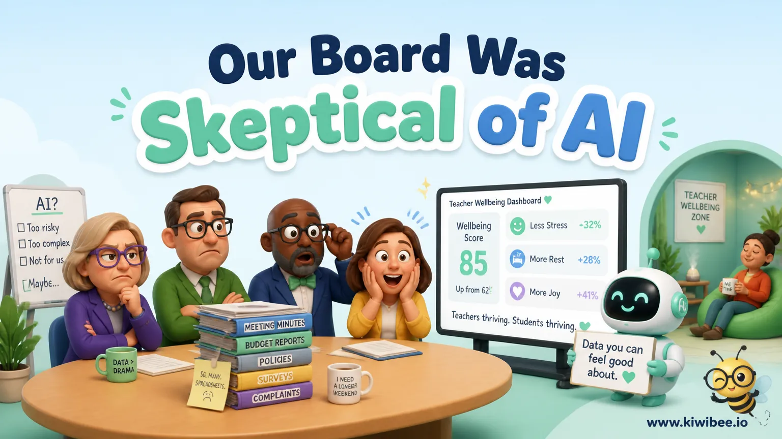 Playful header illustration for the article "Our Board Was Skeptical of AI. Then We Saw the Teacher Wellbeing Data.", in KiwiBee's friendly cartoon style with a small bee mascot in the corner.