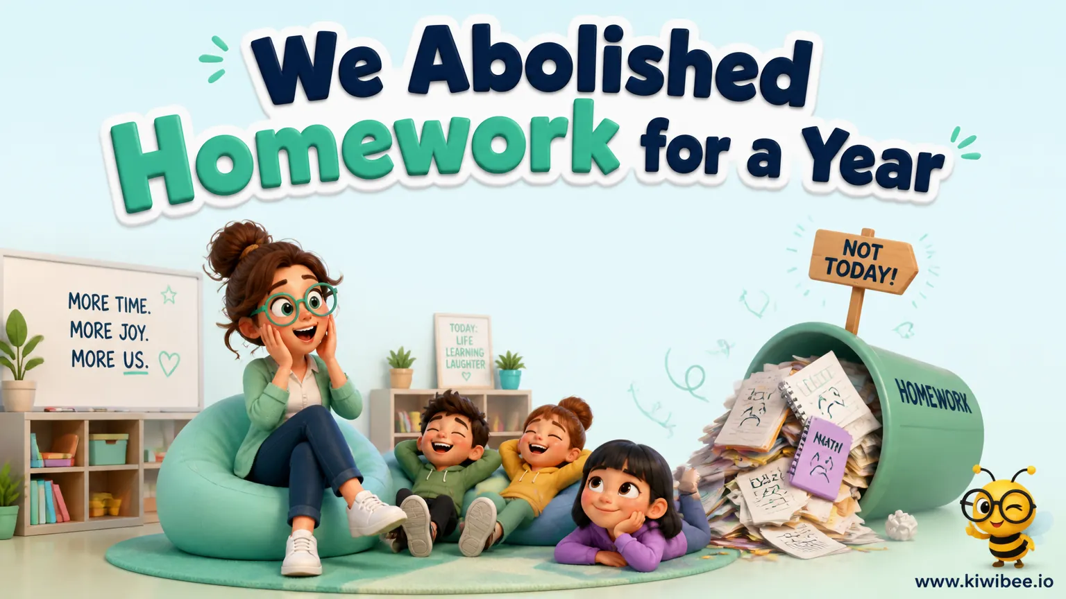 Playful header illustration for the article "We Abolished Homework for a Year. Here's What Actually Happened.", in KiwiBee's friendly cartoon style with a small bee mascot in the corner.