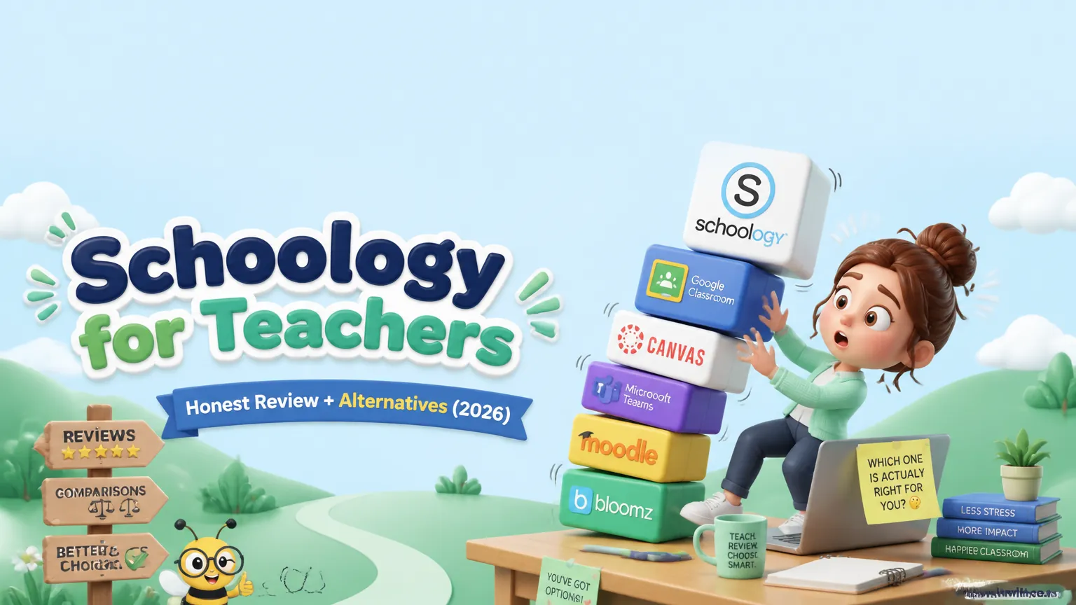 Playful header illustration for the article "Schoology for Teachers: Honest Review + Alternatives (2026)", in KiwiBee's friendly cartoon style with a small bee mascot in the corner.