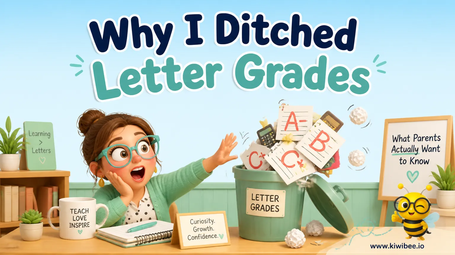 Playful header illustration for the article "Why I Ditched Letter Grades — And What My Parents Actually Want to Know", in KiwiBee's friendly cartoon style with a small bee mascot in the corner.