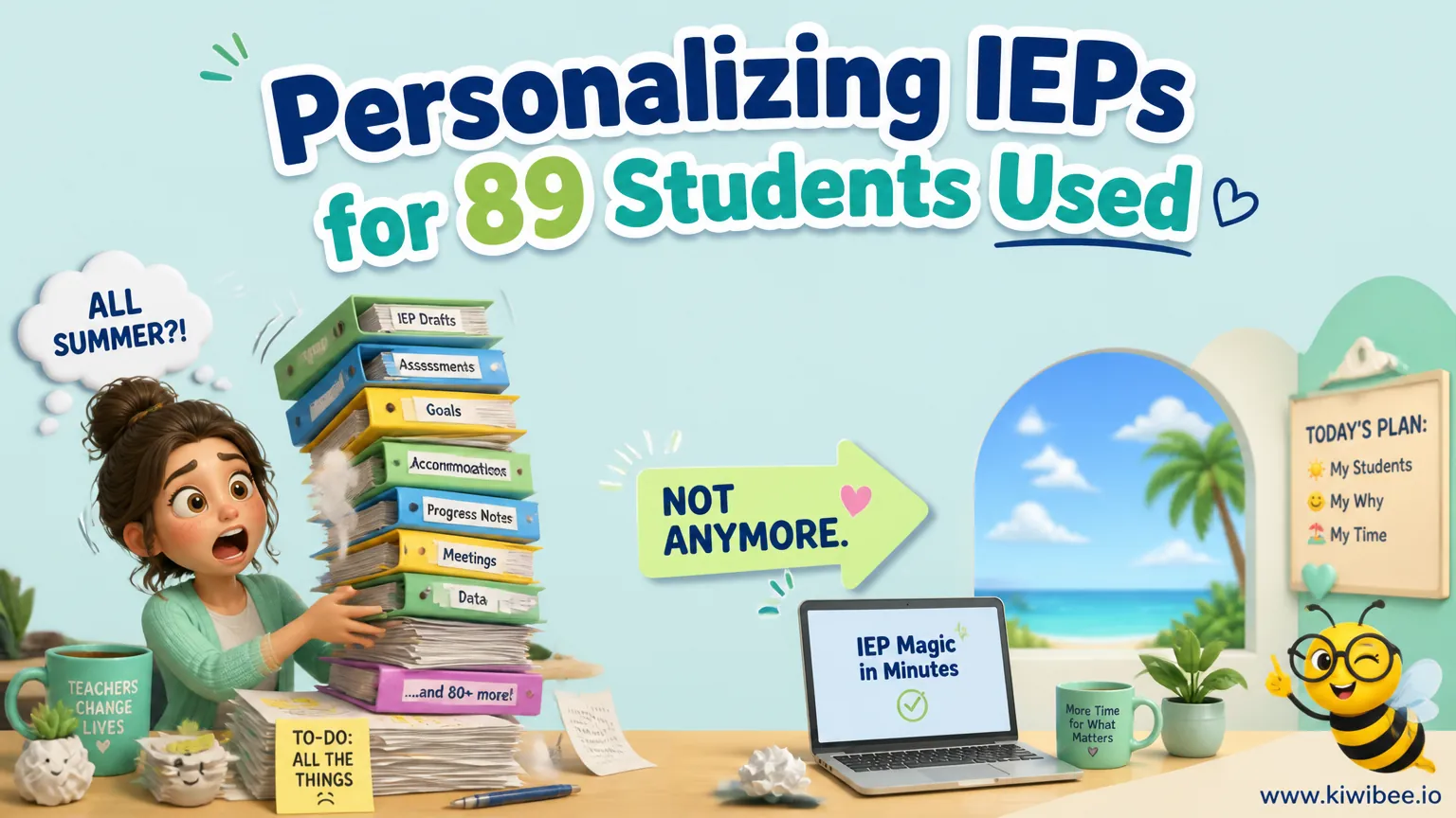 Playful header illustration for the article "Personalizing IEPs for 89 Students Used to Take Me All Summer. Not Anymore.", in KiwiBee's friendly cartoon style with a small bee mascot in the corner.