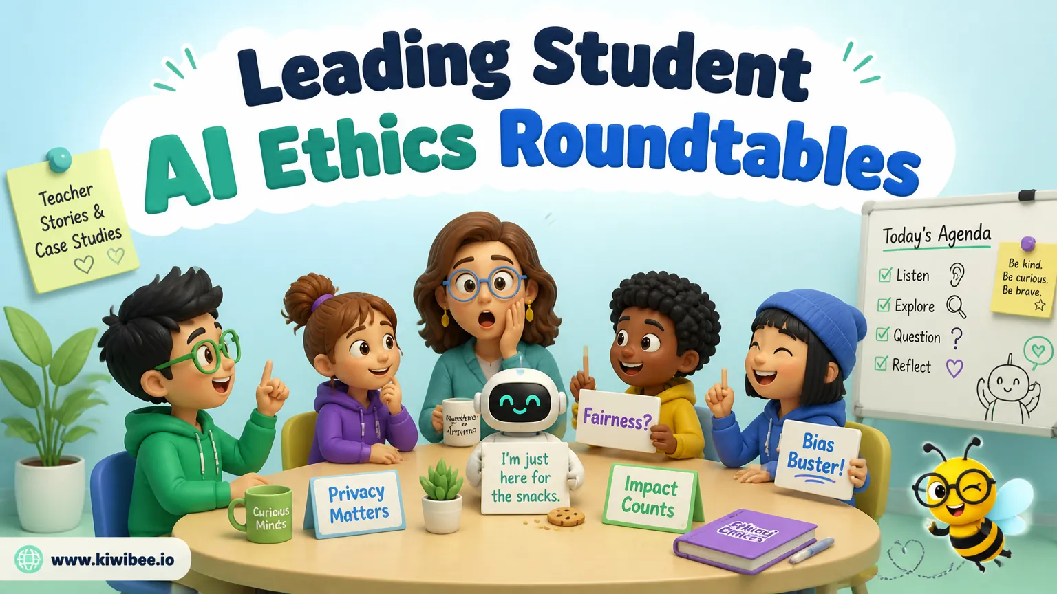 Playful header illustration for the article "Leading Student AI Ethics Roundtables", in KiwiBee's friendly cartoon style with a small bee mascot in the corner.
