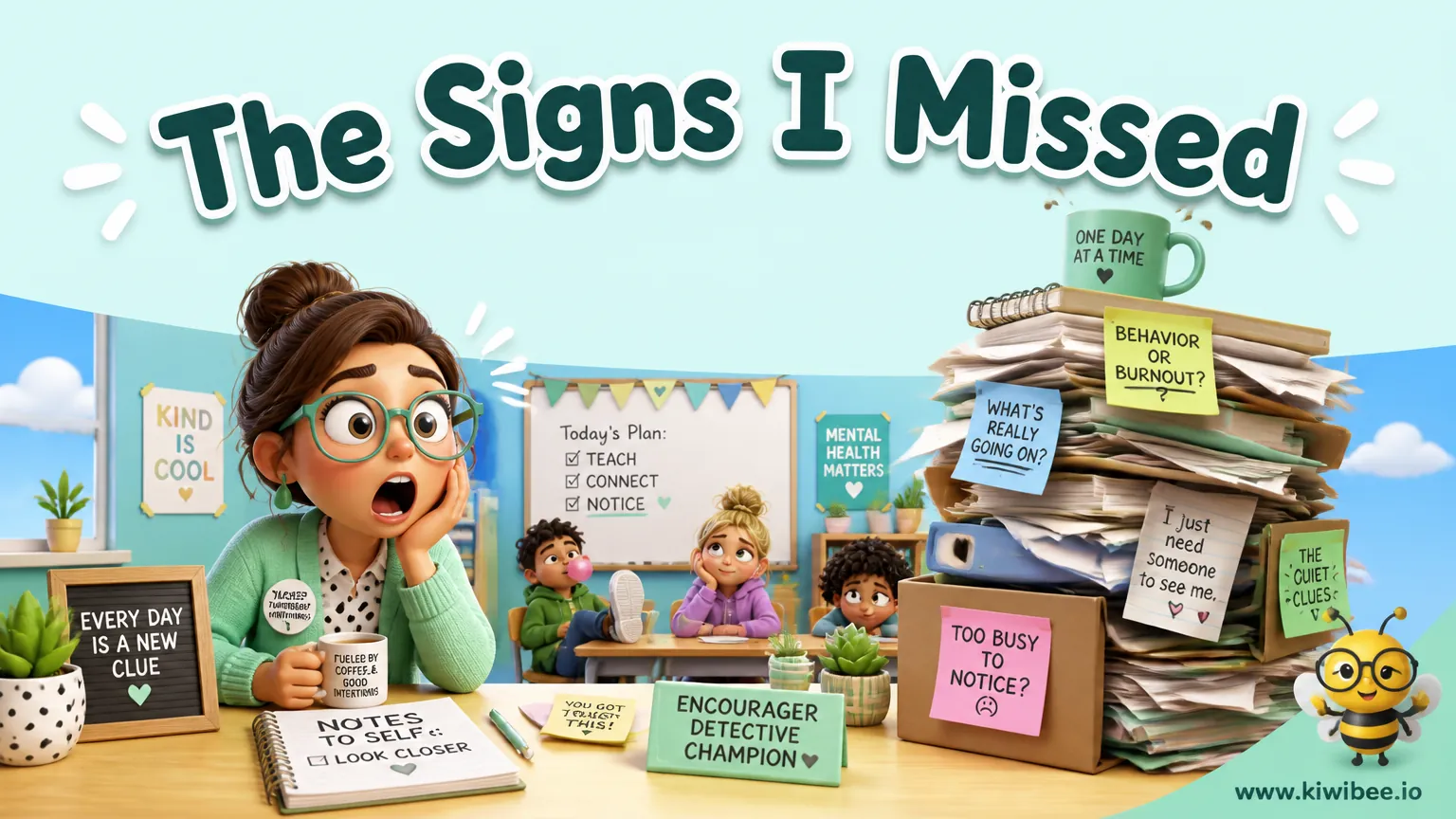 Playful header illustration for the article "The Signs I Missed: A Teacher's Honest Guide to Student Mental Health", in KiwiBee's friendly cartoon style with a small bee mascot in the corner.