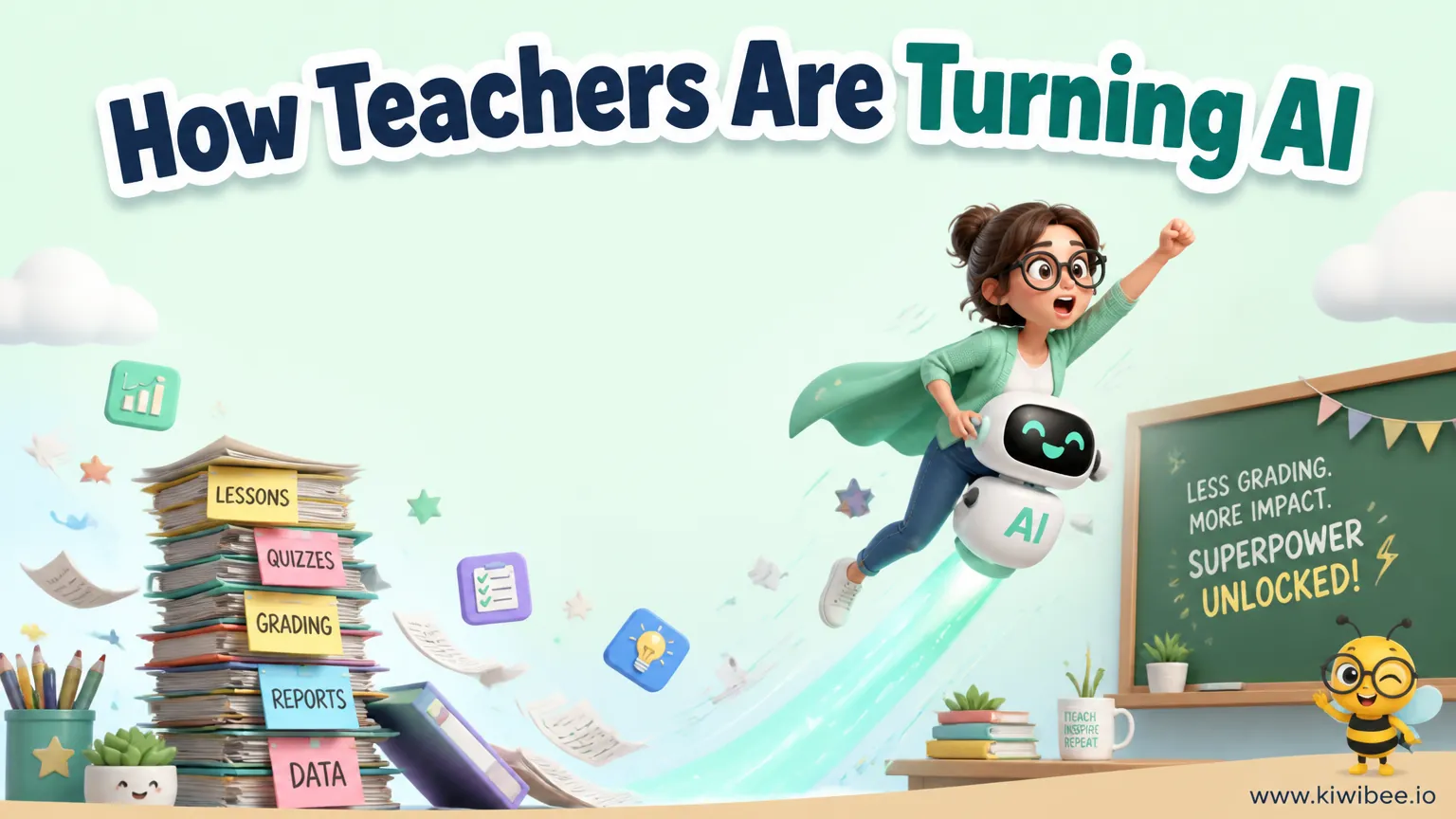 Playful header illustration for the article "How Teachers Are Turning AI Into a Classroom Superpower", in KiwiBee's friendly cartoon style with a small bee mascot in the corner.