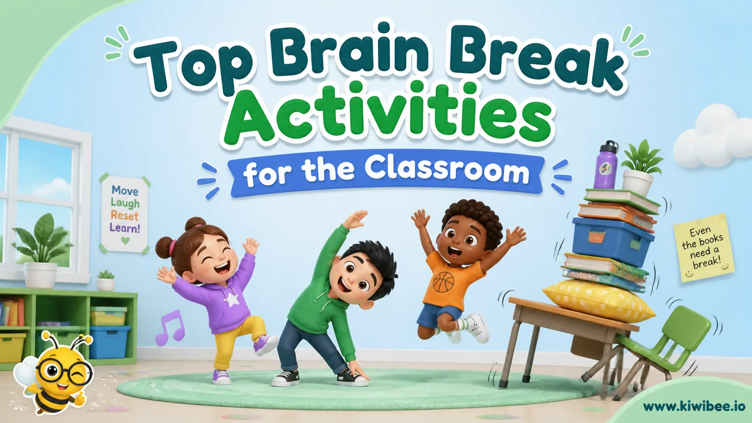 Playful header illustration for the article "Top Brain Break Activities for the Classroom", in KiwiBee's friendly cartoon style with a small bee mascot in the corner.