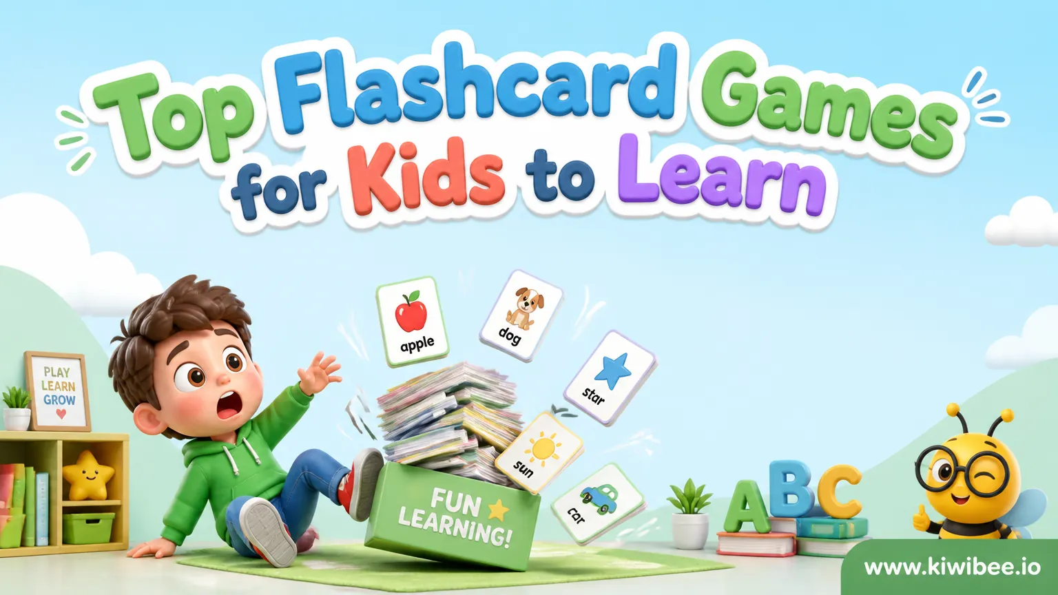 Playful header illustration for the article "Top Flashcard Games for Kids to Learn English", in KiwiBee's friendly cartoon style with a small bee mascot in the corner.