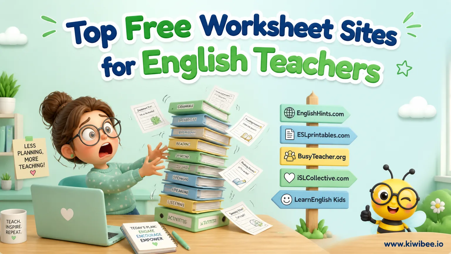 Playful header illustration for the article "Top Free Worksheet Sites for English Teachers", in KiwiBee's friendly cartoon style with a small bee mascot in the corner.