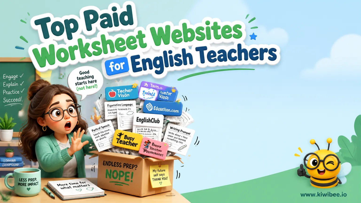 Playful header illustration for the article "Top Paid Worksheet Websites for English Teachers", in KiwiBee's friendly cartoon style with a small bee mascot in the corner.