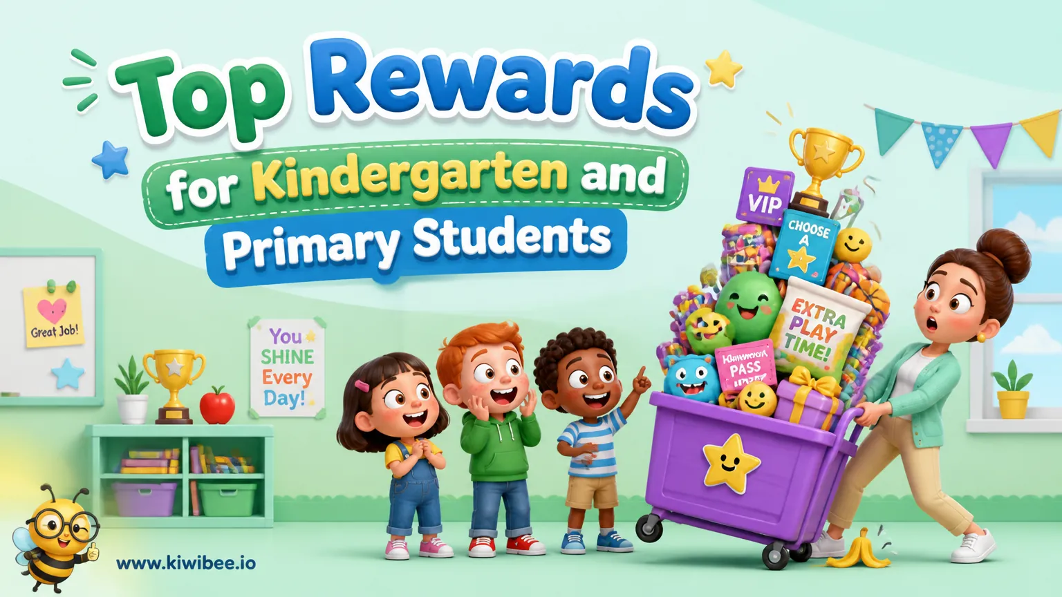 Playful header illustration for the article "Top Rewards for Kindergarten and Primary Students", in KiwiBee's friendly cartoon style with a small bee mascot in the corner.