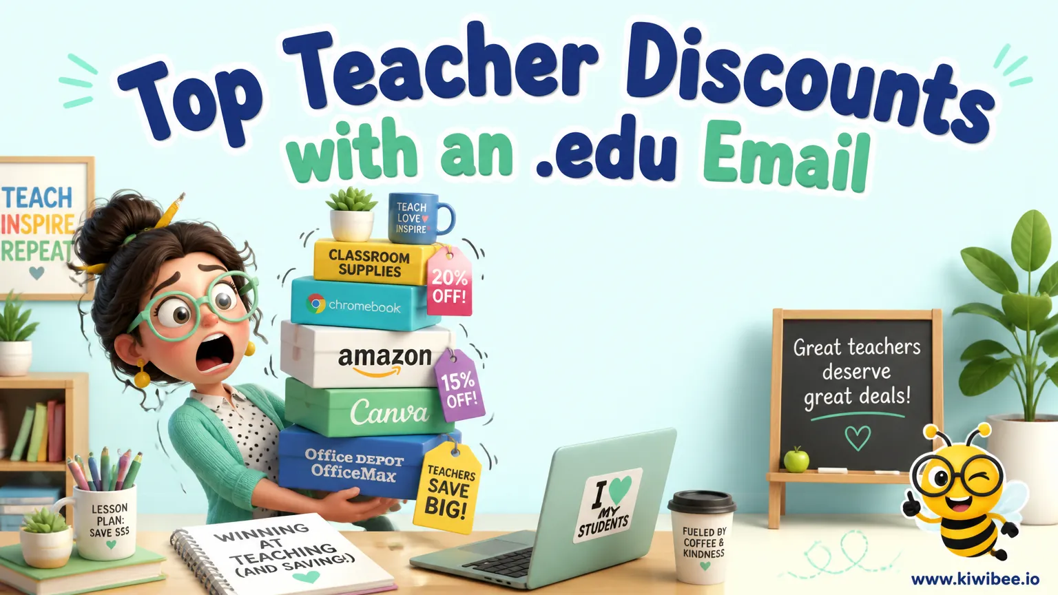 Playful header illustration for the article "Top Teacher Discounts with an .edu Email", in KiwiBee's friendly cartoon style with a small bee mascot in the corner.