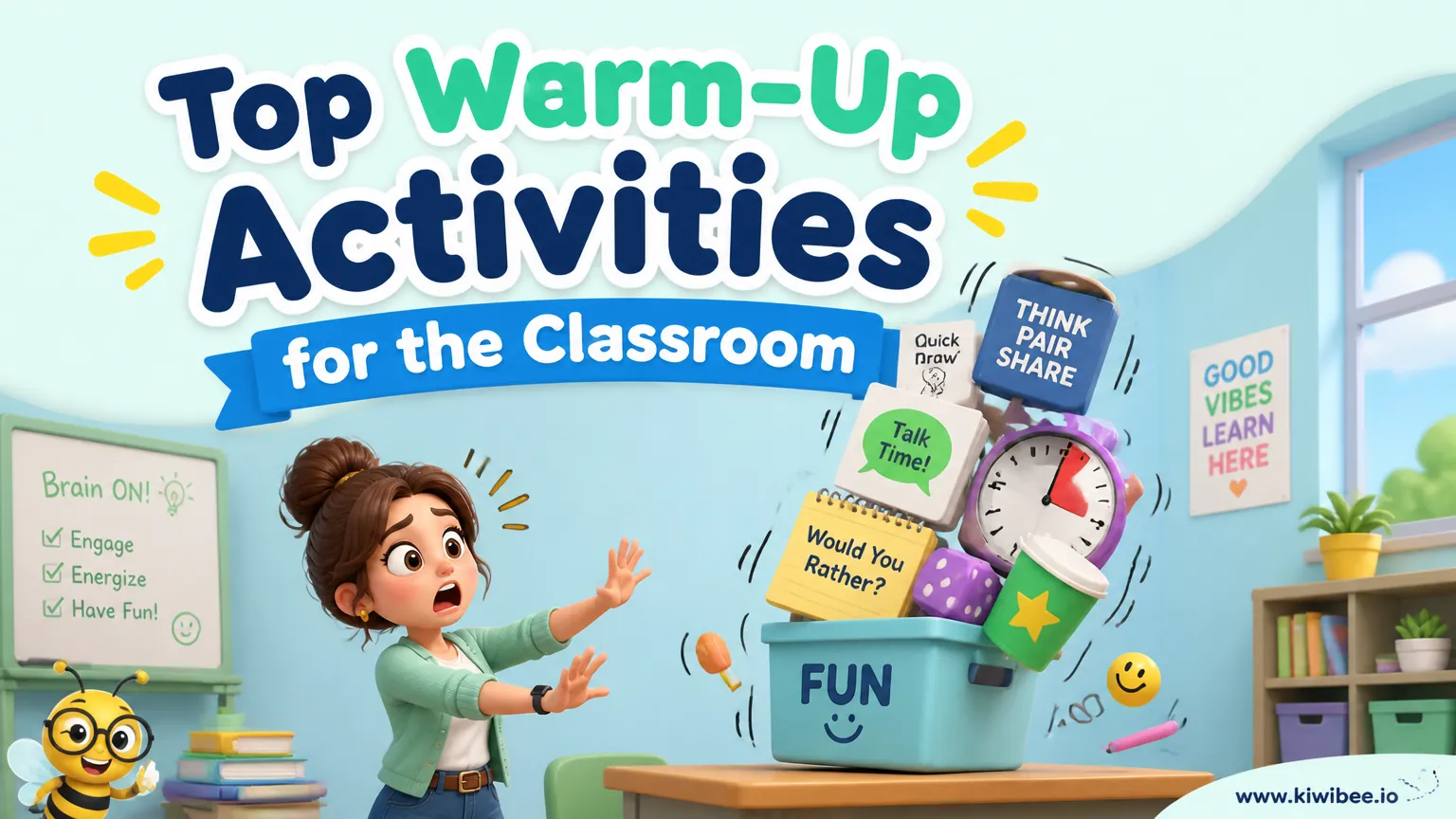 Playful header illustration for the article "Top Warm-Up Activities for the Classroom", in KiwiBee's friendly cartoon style with a small bee mascot in the corner.