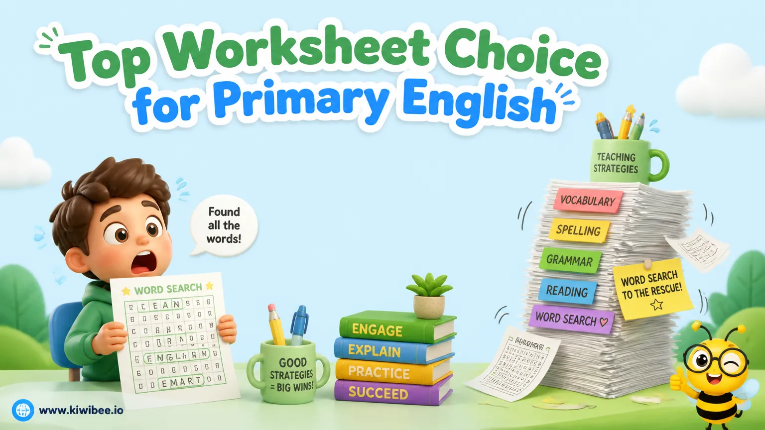 Playful header illustration for the article "Top Worksheet Choice for Primary English: Word Search", in KiwiBee's friendly cartoon style with a small bee mascot in the corner.