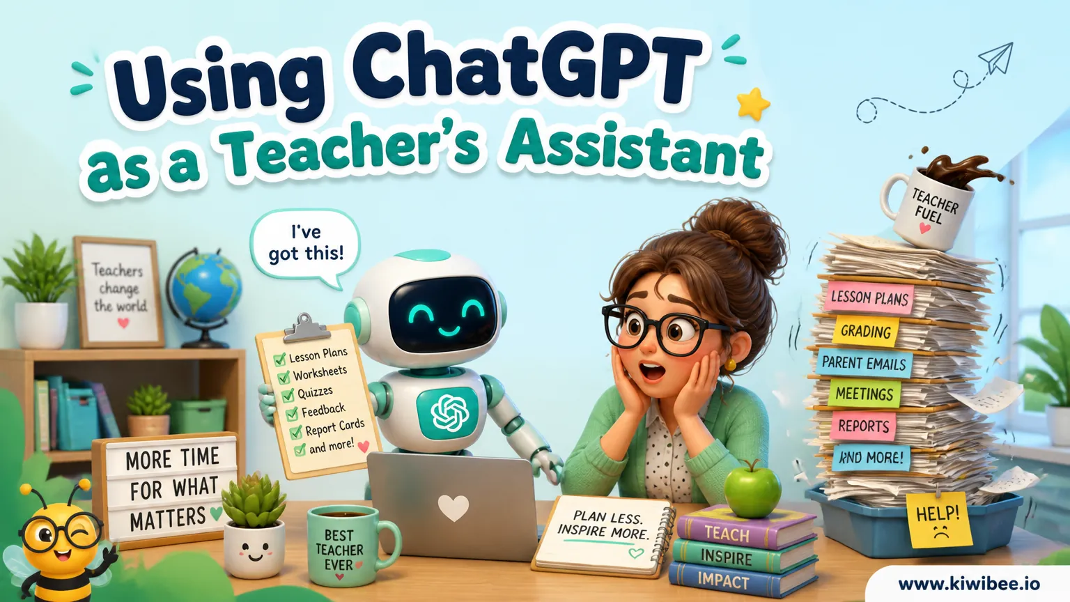 Playful header illustration for the article "Using ChatGPT as a Teacher's Assistant: A Comprehensive Guide", in KiwiBee's friendly cartoon style with a small bee mascot in the corner.