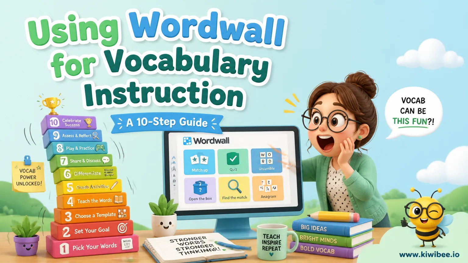 Playful header illustration for the article "Using Wordwall for Vocabulary Instruction: A 10-Step Guide", in KiwiBee's friendly cartoon style with a small bee mascot in the corner.