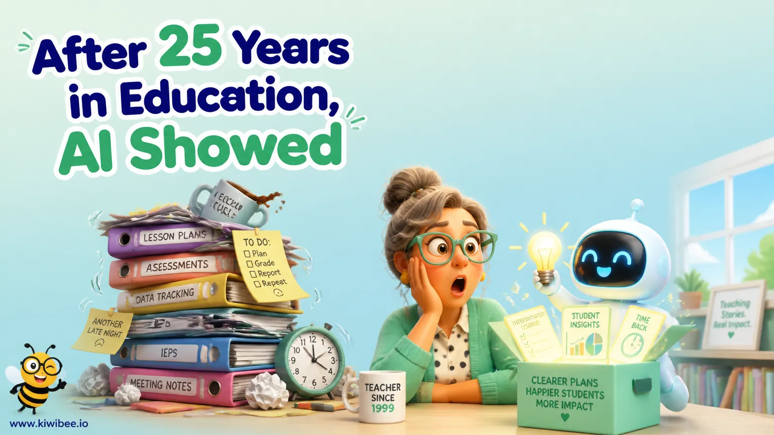 Playful header illustration for the article "After 25 Years in Education, AI Showed Me What I'd Been Missing", in KiwiBee's friendly cartoon style with a small bee mascot in the corner.