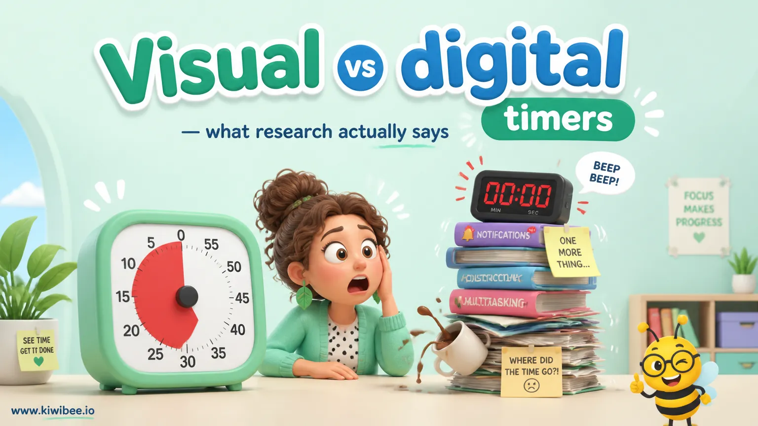 Playful header illustration for the article "Visual vs digital timers — what research actually says", in KiwiBee's friendly cartoon style with a small bee mascot in the corner.