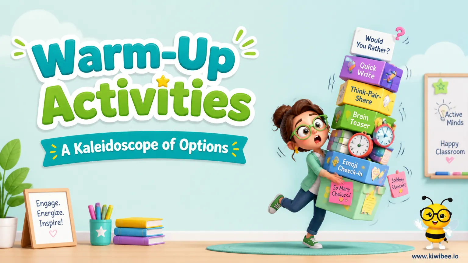 Playful header illustration for the article "Warm-Up Activities: A Kaleidoscope of Options", in KiwiBee's friendly cartoon style with a small bee mascot in the corner.