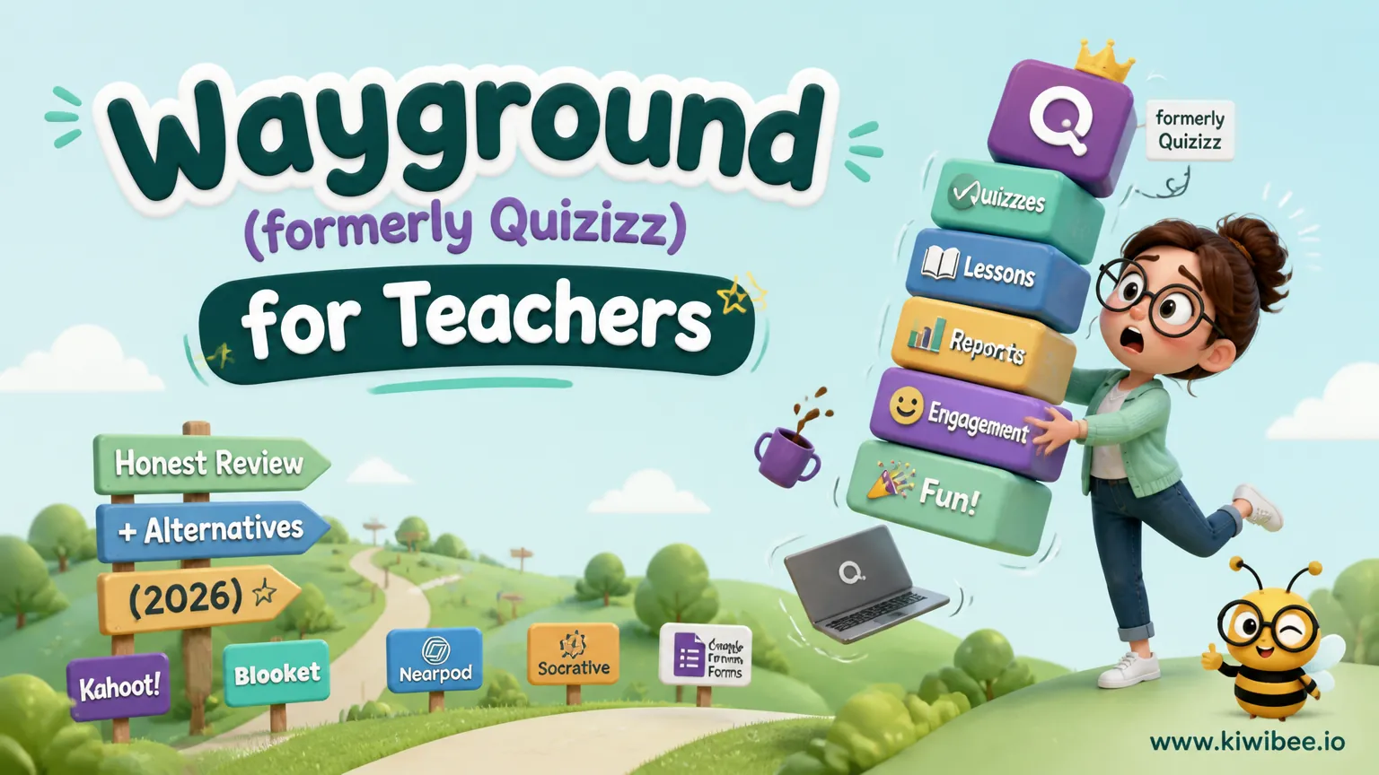 Playful header illustration for the article "Wayground (formerly Quizizz) for Teachers: Honest Review + Alternatives (2026)", in KiwiBee's friendly cartoon style with a small bee mascot in the corner.