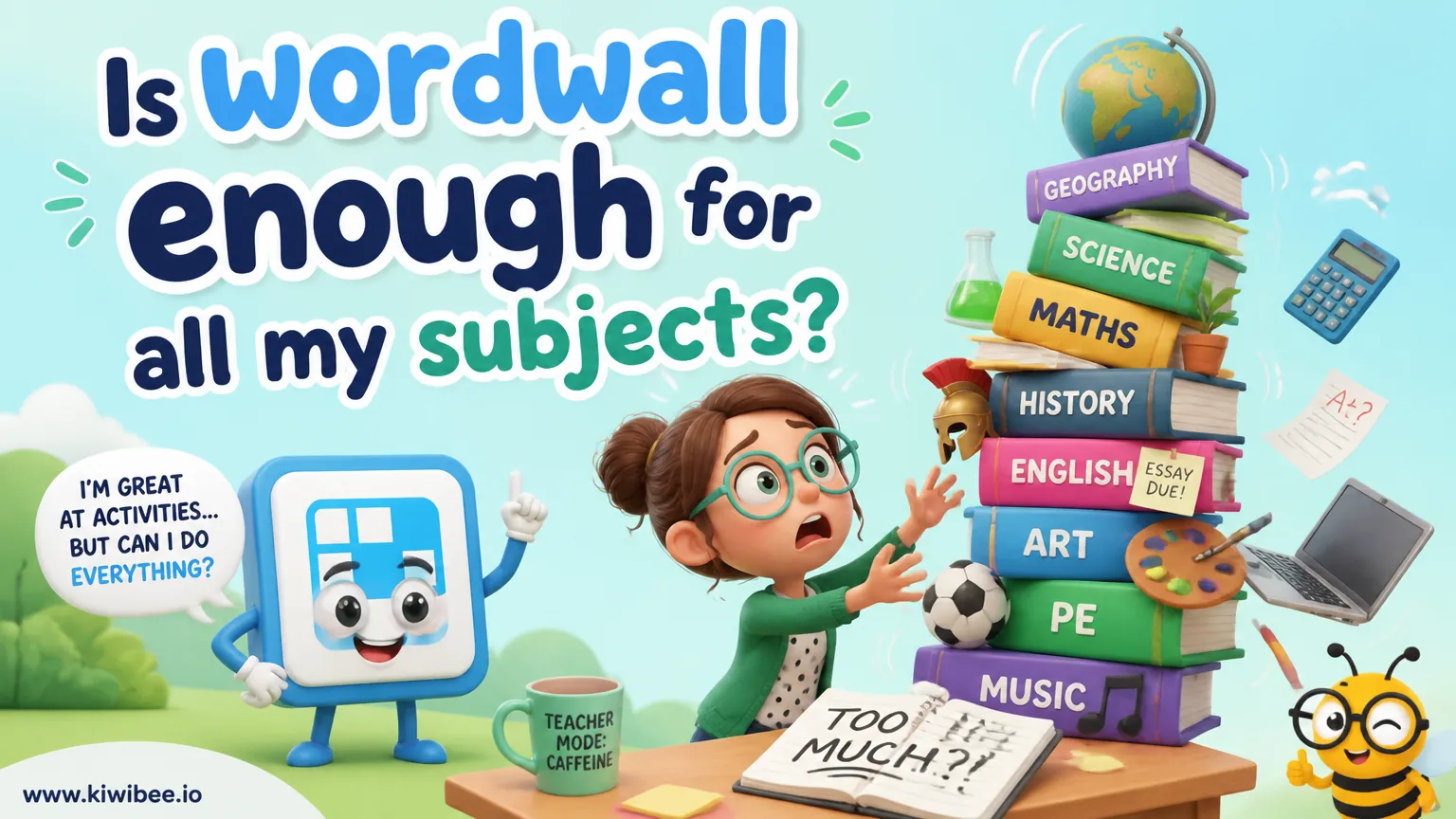 Playful header illustration for the article "Is wordwall enough for all my subjects?", in KiwiBee's friendly cartoon style with a small bee mascot in the corner.